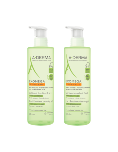 A-DERMA Duplo Exomega Control Gel Limpiador Emoliente 2 en 1 2x500 ml