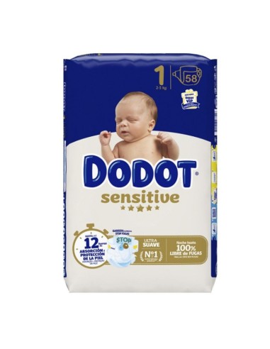 Dodot Pañal Infantil Sensitive Talla 1 2-5kg 58 Uds Hasta 12 horas de absorción y protección de la piel